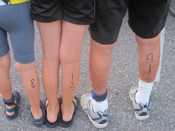 91, 12, and 8 year old leg markings on Charlie, and Sydney and Drew Kralovanec's calves